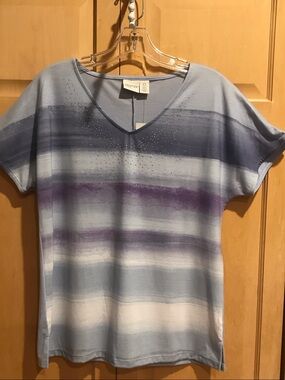 New Chico's Short Sleeve V-Neck Striped Top in Light Blue and Purple